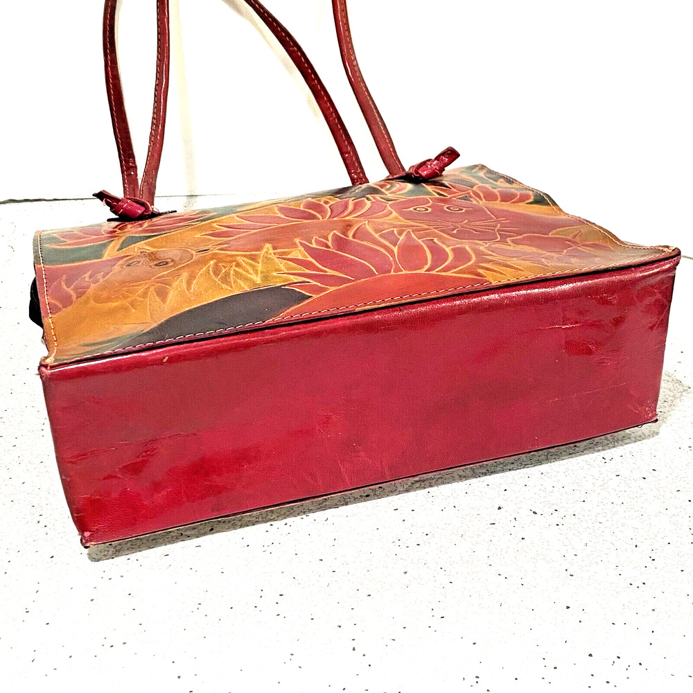 Vintage Hand Painted & Tooled Leather Two Handle Tote Bag Purse Elephant Animals - Picture 8 of 10